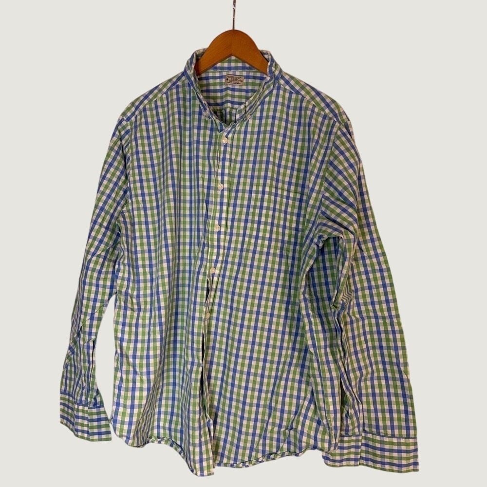 Reed Edward Mens XL Washed Shirting Button Down Green Blue Gingham Plaid Shirt